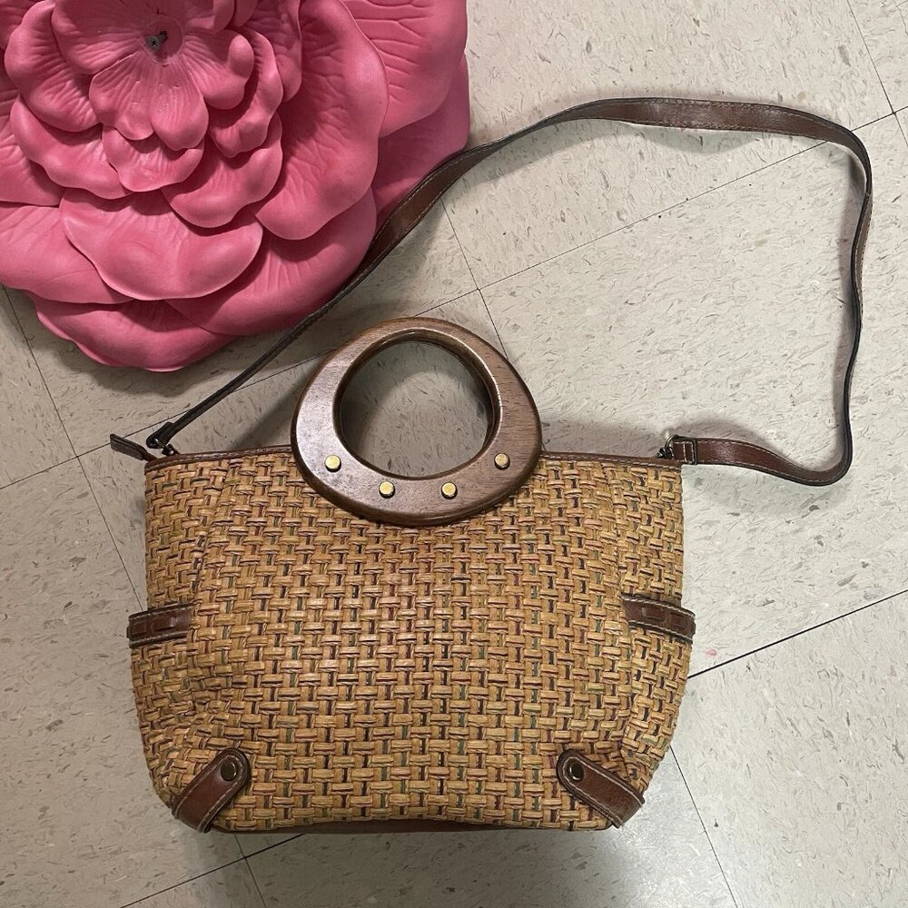 FOSSIL Brown Woven Wicker Handbag w/ Wooden Round Handles Leather Trim Y2K Boho